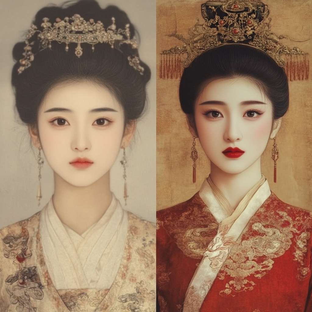 甄嬛前后对比（左：初入宫时素衣淡妆 / 右：封后时华服红唇，眼神凌厉） --ar 1:1 --v 6.1 --stylize 100 --fast