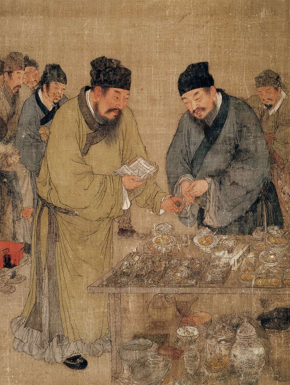 宋代官员向商铺掌柜收取税费的场景，官员手持账本表情严肃，掌柜不情愿地交出铜钱，古代市集背景，灰黄色调，工笔画风格 --ar 3:4 --v 7 --stylize 100 --fast --no 水印