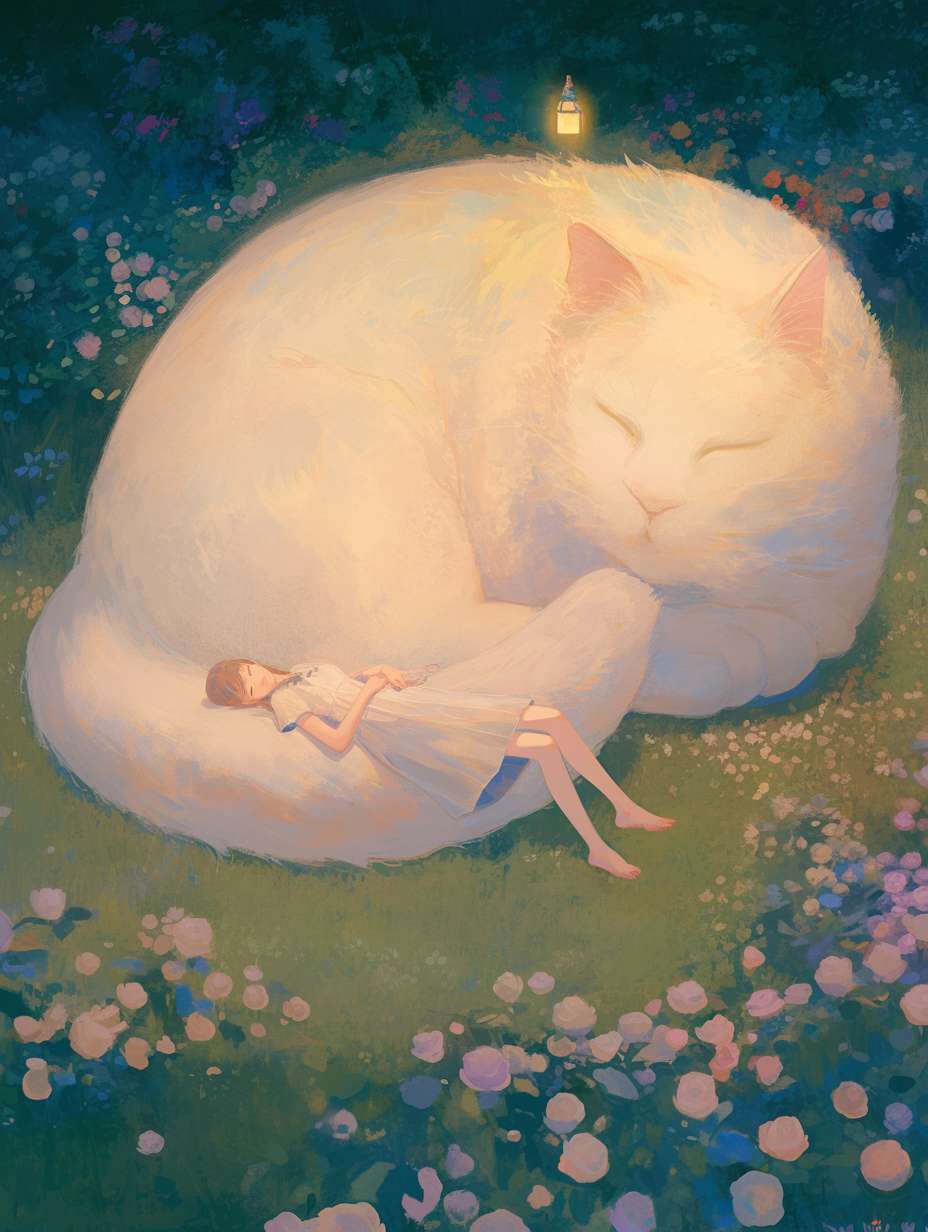 hsiao - ron cheng,in the style of rococo pastel colors,At night,in a vast green grassland, the wind blows through the grass and the grass is rolling like waves. A girl is lying on a very very huge cat. A super huge white cute cat, there is a warm lamp next to the girl and the cat, which illuminates the girl and the cat, mysterious imagination, beauty, in a wilderness grassland, the wind blows down the grass, there are blooming roses in the grass, the contrast between light and dark is strong, the mood is Happy and relaxing, exquisite details, macro lens, large panorama --ar 3:4 --stylize 100 --fast --niji 6