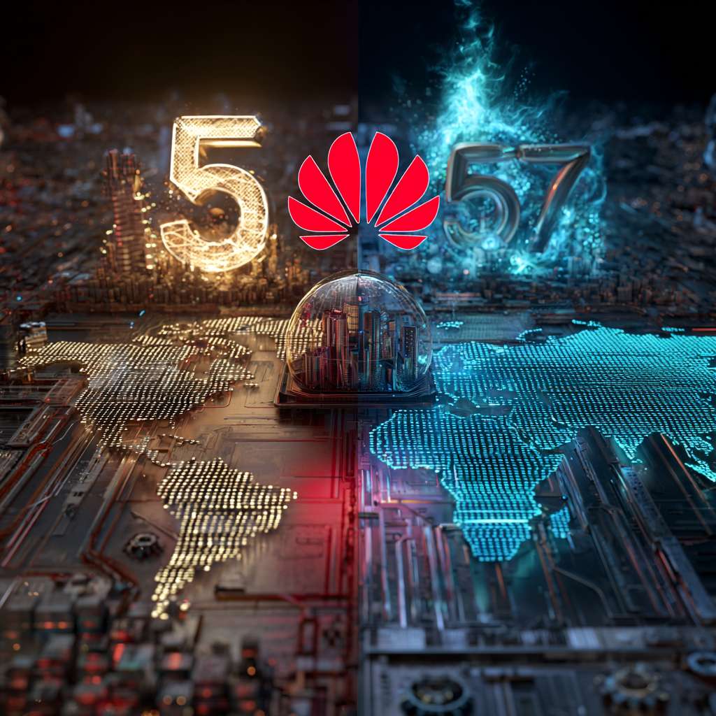 Cyberpunk Chinese business landscape, left side golden e-commerce waves with Alibaba logo connecting globe, right side blue tech gears with Huawei 5G waves penetrating world map, central abacus merging with quantum computer, neon lights showing '51 vs 59', matte metal texture with light effects, ultra HD 8K --ar 1:1 --v 7 --stylize 100 --fast