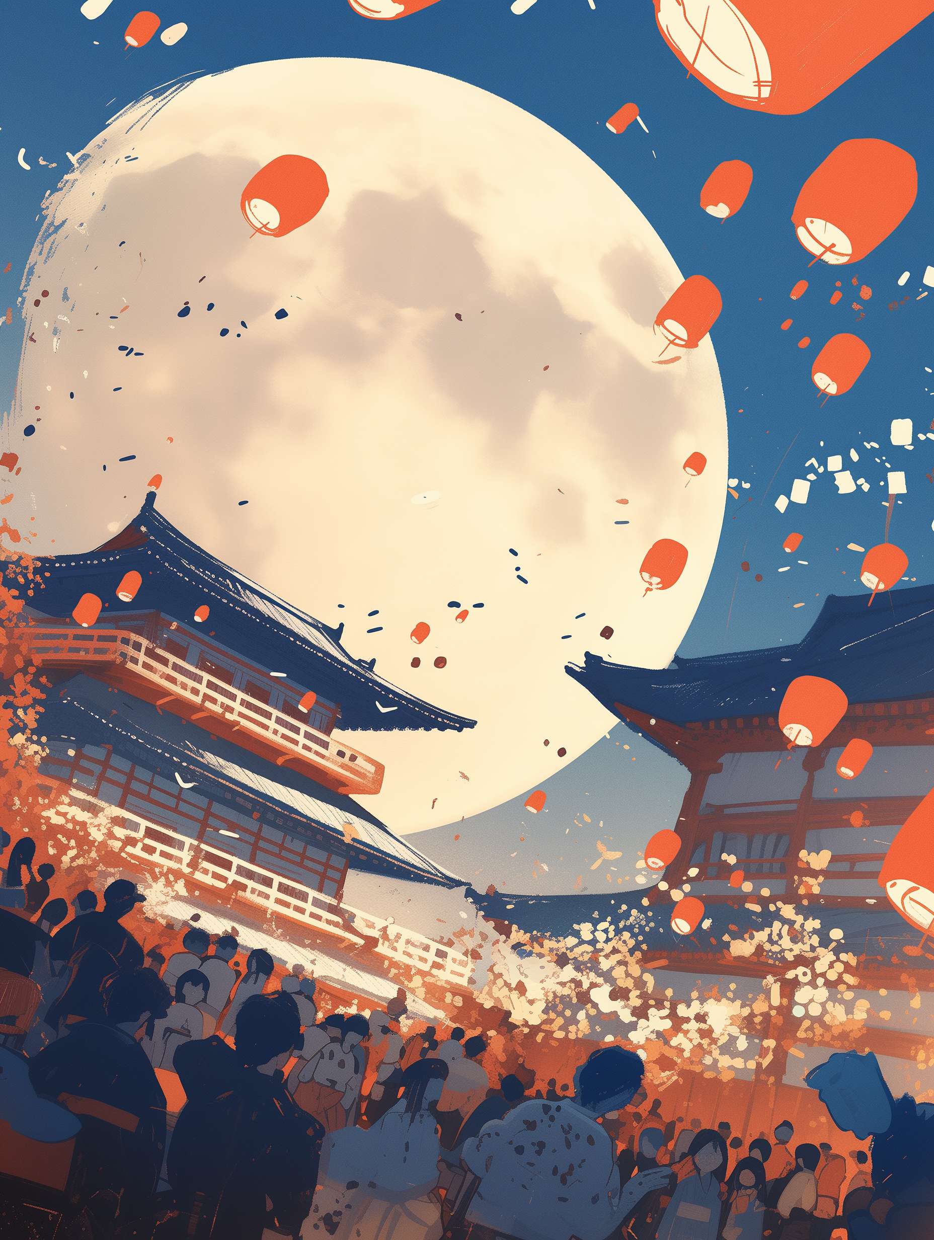 The background of the picture is a huge moon, and several children are playing with lanterns. The atmosphere is festive, and the moon is drawn with complex linear colored lines. The illustration is drawn with flat style colored lines, with red as the main color. It is an imaginative illustration, with a bird's-eye view, 64K, --ar 3:4 --stylize 1000 --fast --niji 6