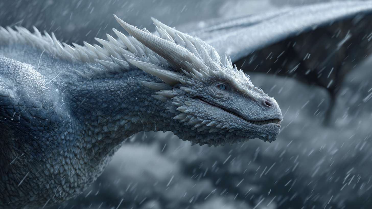 超写实 4K ，完整的一只细节丰富的白龙在暴雨中穿行，每一片鳞片都反射着周围的光线与雨水。水珠附着在龙角与翅膀上，龙翼有力扇动，驱散雨滴与云雾。特写镜头展现龙的皮肤纹理与肌肉运动，中景镜头呈现龙在云层间穿梭的完整身姿。真实的雨水物理效果，空中可见雨滴飞溅与涟漪，光线完全遵循闪电与阴天的自然规律。 --ar 16:9 --v 7 --stylize 100 --fast --no 水印