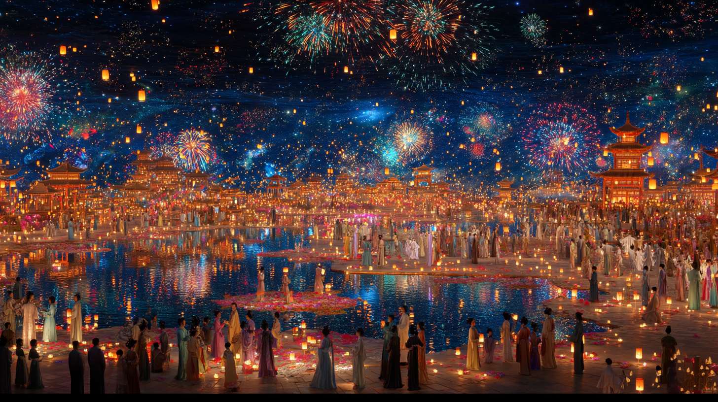 Unreal Engine 5 rendering, in this awe-inspiring scene of the ancient Luoyang Flower Festival, the composition centers on a vast sea of blooming peonies, surrounded by ancient-style pavilions, buildings, and winding corridors adorned with countless red lanterns, while the night sky is continuously lit up by colorful fireworks, the foreground features a celebrating crowd dressed in elegant Hanfu singing and dancing, the middle ground includes traditional Chinese architecture such as eaves-cornered pavilions, and the background blends deep blue starry skies with brilliant fireworks, in terms of color, vibrant reds, golds, and greens dominate, symbolizing luck and wealth, with the pink and white of the flowers sharply contrasting with the warm yellow of the lanterns, and the multicolored lights of the fireworks adding dynamic color variations, the lighting effects are exquisitely detailed, the soft glow from the lanterns casts warm shadows on people's faces and the ground, while the explosive flashes of fireworks create dazzling halos, contrasting with the cool moonlight to enhance the image's depth and dynamism, the entire scene is bustling and lively, with lanterns swaying gloriously, fireworks sparkling brilliantly, and the crowd cheering incessantly, as if transporting the viewer into a dreamlike ancient prosperous era filled with the charm of Chinese elements. --ar 16:9 --v 7 --c 20 --quality 4 --stylize 100 --fast