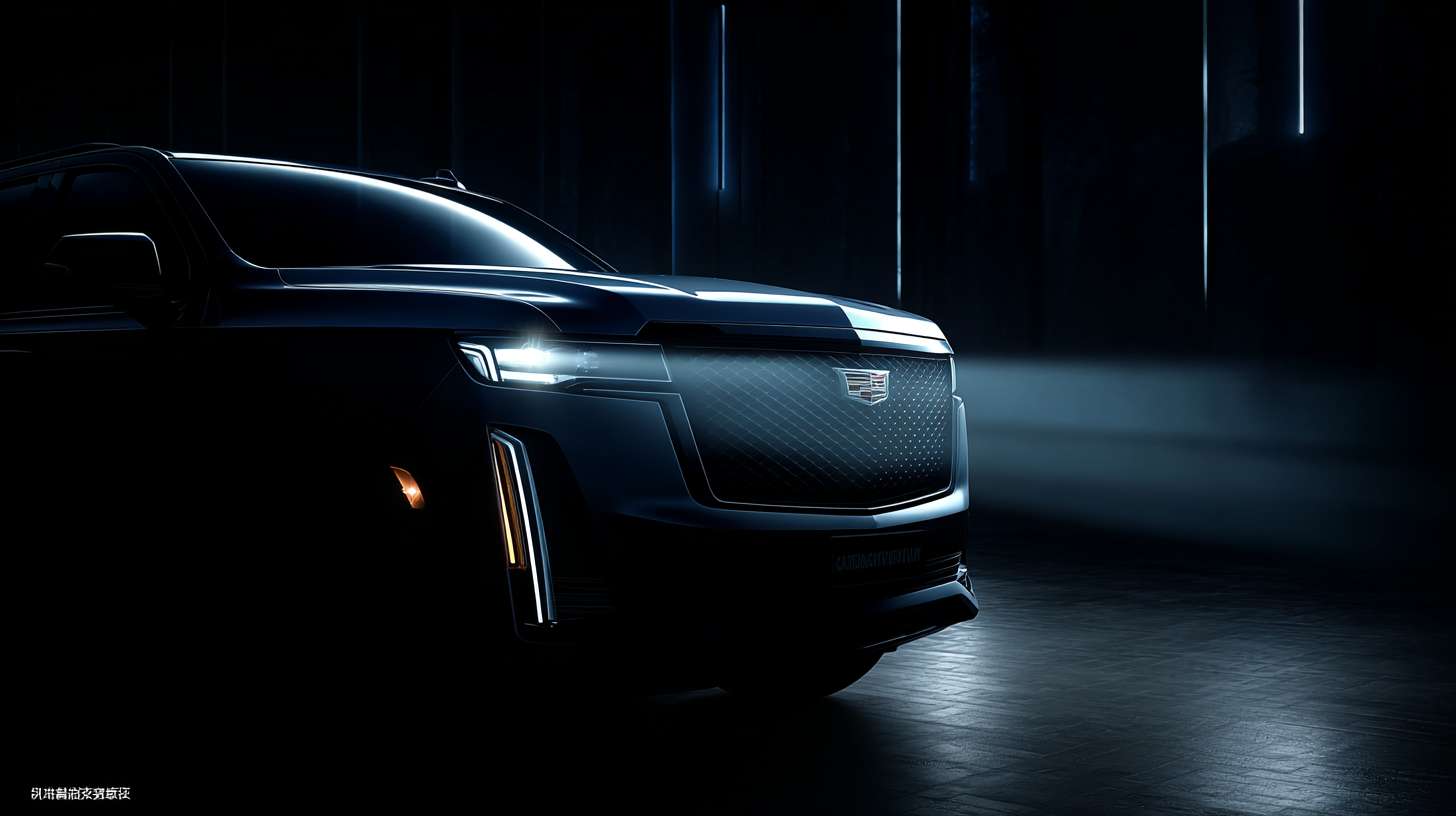 为凯迪拉克生成双十二kv画面,要求:方案一：【暗调奢华 · 光影铭章】

画面描述：

构图： 采用极简的中央构图。一辆凯迪拉克ESCALADE或CT6的侧前45度车头特写，占据画面中心偏右位置，车身大部分处于阴影中。
光影： 整个画面以深邃的“凯迪拉克蓝”或 charcoal grey（炭灰色）为基调。一束锐利的侧逆光（类似剧院追光）精准地打在车头的徽标、标志性的垂直大灯和格栅上。光区与暗部形成强烈对比，勾勒出凌厉的车身线条，光在格栅的钻石切割面上反射出点点星芒。
质感： 车漆反射出微弱的环境光，展现出如丝绸般顺滑的漆面质感。背景是若隐若现的抽象城市剪影或丝绸质感的深色帷幕，进一步烘托神秘与高级感。
品牌元素： 画面左下角或右下角，是烫金或压印效果的凯迪拉克徽标和“12.12”字样，字体纤细而有力，不破坏画面的整体感。 --ar 16:9 --v 7 --stylize 100 --fast --no 水印