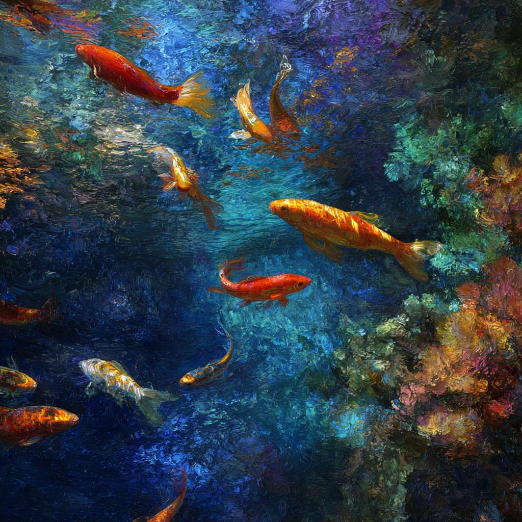 Vibrant underwater scene: blue water, 五彩光影，and dynamic koi, 粗笔触 for texture, 细笔触 for agility, abstract. --ar 1:1 --v 7 --stylize 100 --fast --no 水印