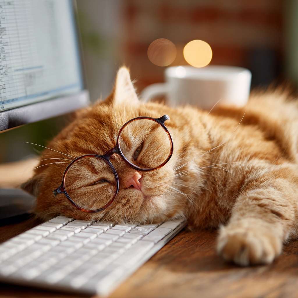 一只胖胖的橘猫，戴着眼镜，打着哈欠趴在电脑键盘上，电脑屏幕是Excel表格，旁边放着咖啡杯，照片级真实感，4k，细节生动，滑稽可爱 --ar 1:1 --v 7 --stylize 100 --fast --no 水印