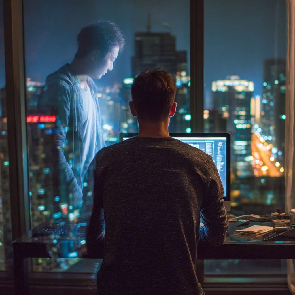 电影剧照，一个穿着休闲夹克的男人的背影，他坐在桌前，代码编辑器打开着。他正望向窗外，窗户映出繁华的城市（北京）夜景。在窗户的倒影中，我们能看到一个模糊的幽灵般的图像——他以前穿西装的形象正在回望他。双重曝光效果，沉思的氛围，夜晚，3:1。 --ar 1:1 --v 7 --stylize 100 --fast --no 水印