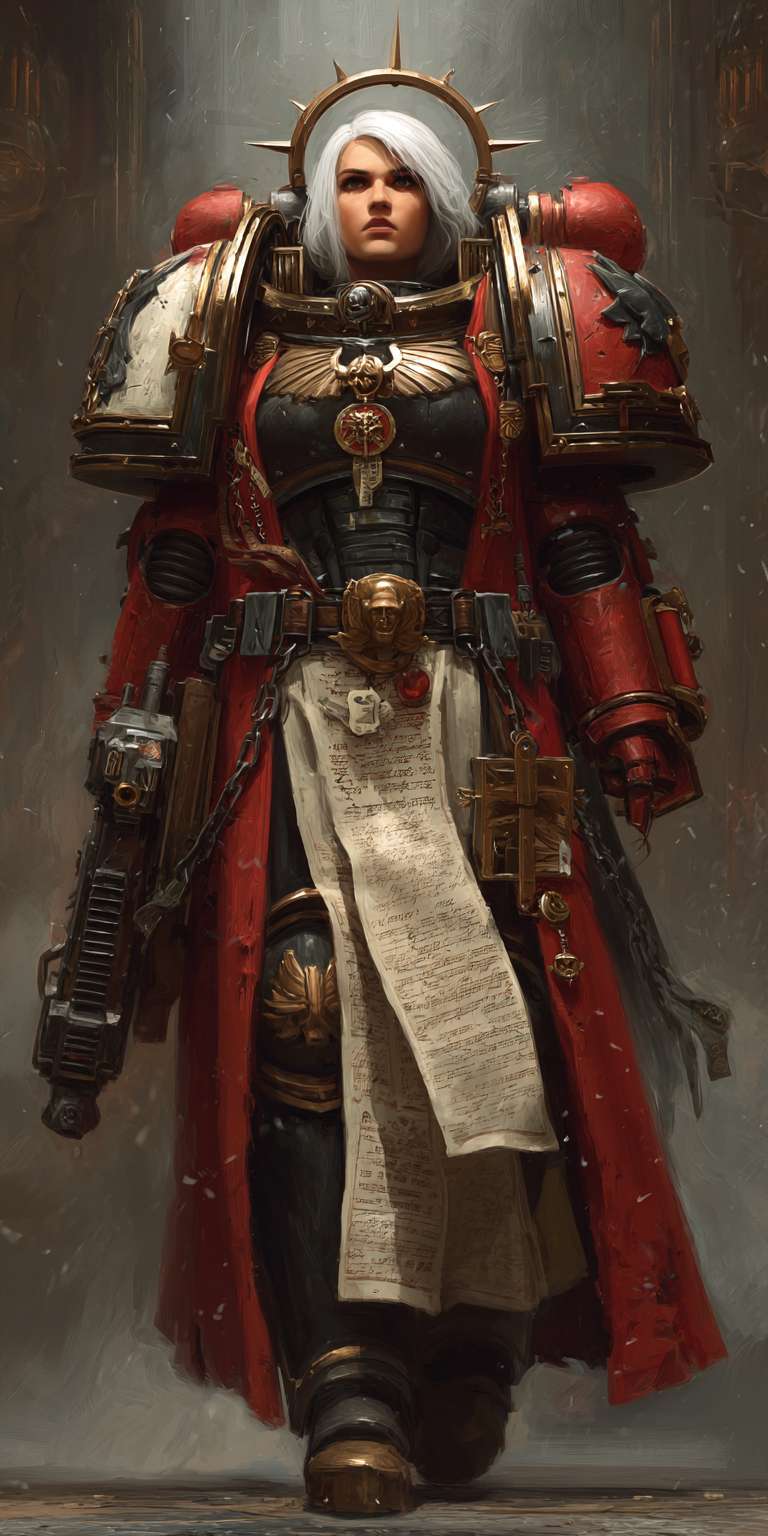 Warhammer40000，对称构图，人类帝国，虚空舰舷窗，女性行商浪人，白发，圣能系灵能者，圣锤型动力甲，铁光环，红色金边呢绒，纯洁印记，羊皮纸祷文，飘带，浮雕 --ar 1:2 --v 7 --stylize 100 --fast --no 水印