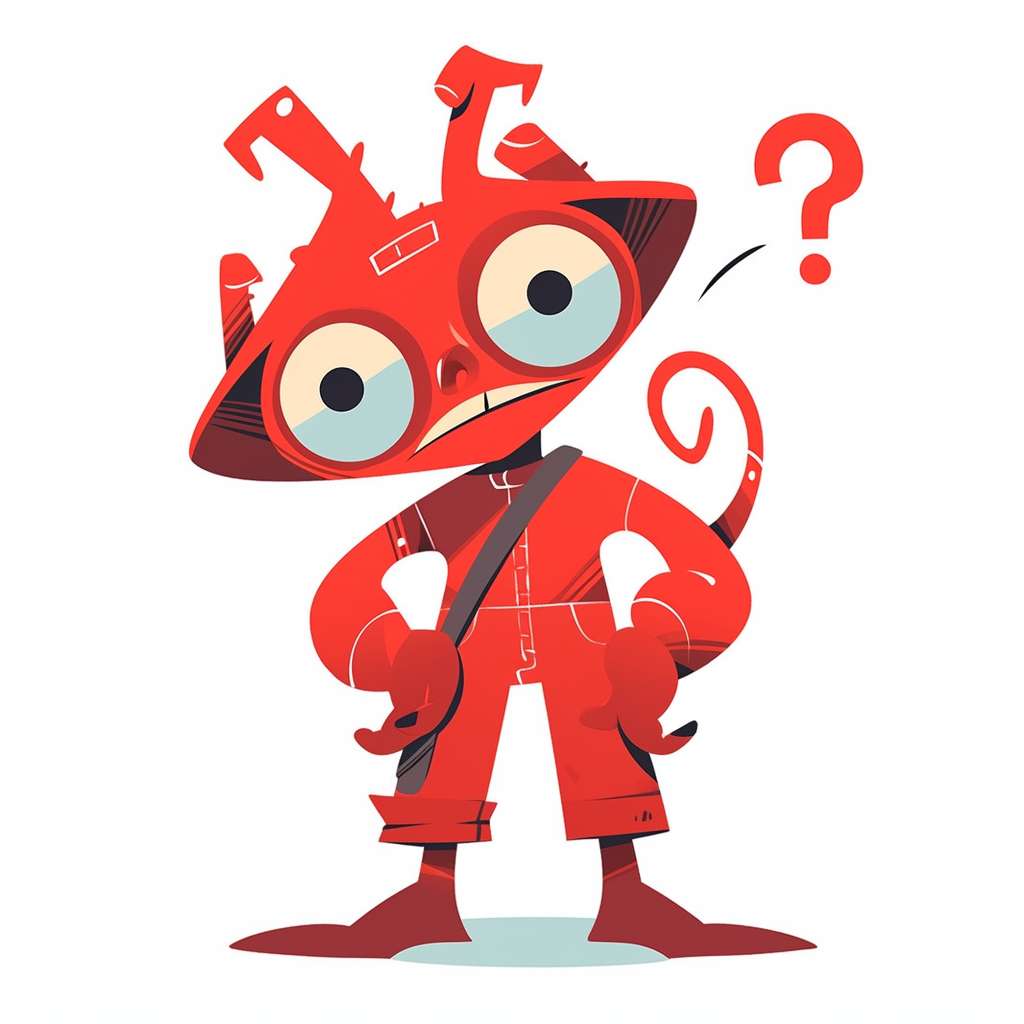 [隐患君]：cartoon red gremlin with smoking question marks, industrial overalls, 2D flat design, Pixar style, white background --ar 1:1 --style expressive --stylize 100 --fast --niji 5
