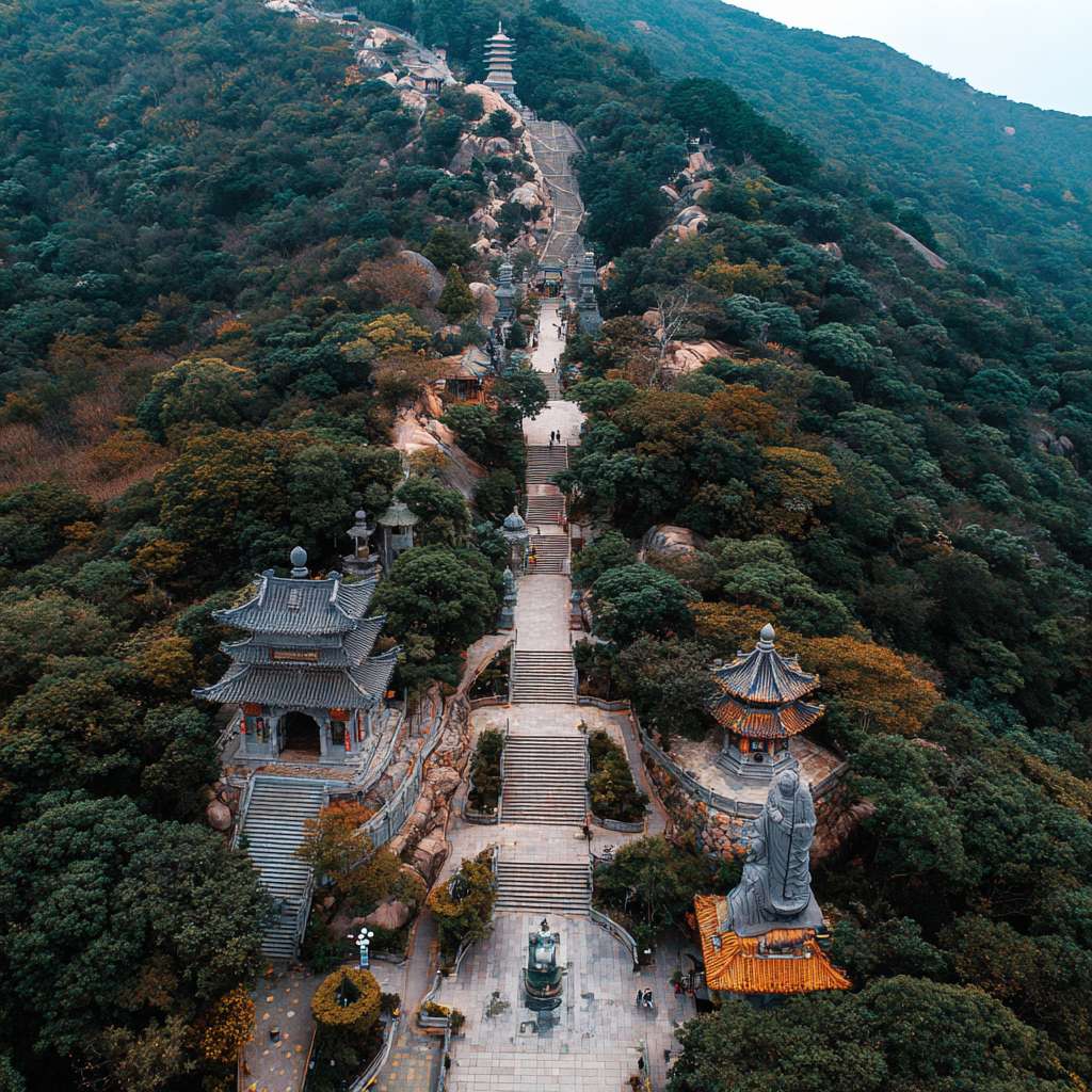 爬山朝拜，周围苍翠的山林，夹道有阵列的禅意雕塑，路边有休憩平台，路面上有佛教咒语标识，每上升一段厦门一层的屋顶隐约在山林中，类似于法门寺的朝拜路上的仪式感， --ar 1:1 --v 7 --stylize 100 --fast --no 水印