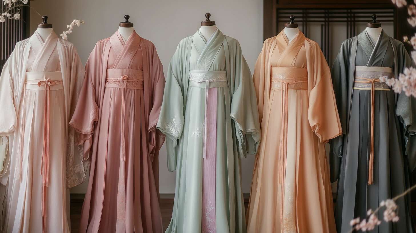 汉服，汉服图片，一张图片上有五套服装，一字排开，色彩淡雅，正对镜头 --ar 16:9 --v 6.1 --stylize 100 --fast
