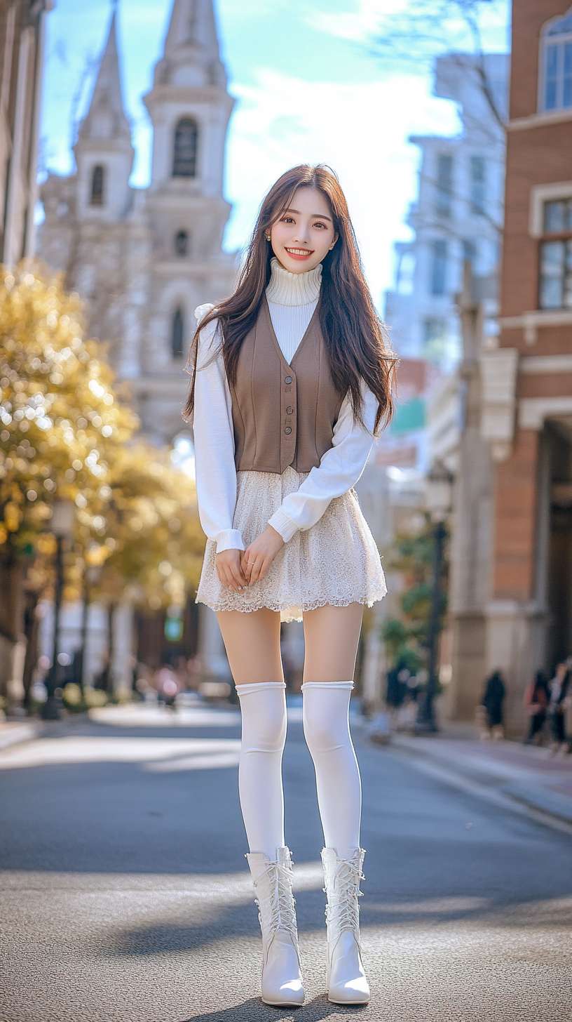 亚洲美少女，超短裙，高领，露肩，长袖线衫，马甲线，过膝长靴，白色裤袜，教堂门口大街，长发，微笑，酒窝，高清晰 --ar 9:16 --v 6.1 --stylize 100 --fast --no 水印,水印,水印