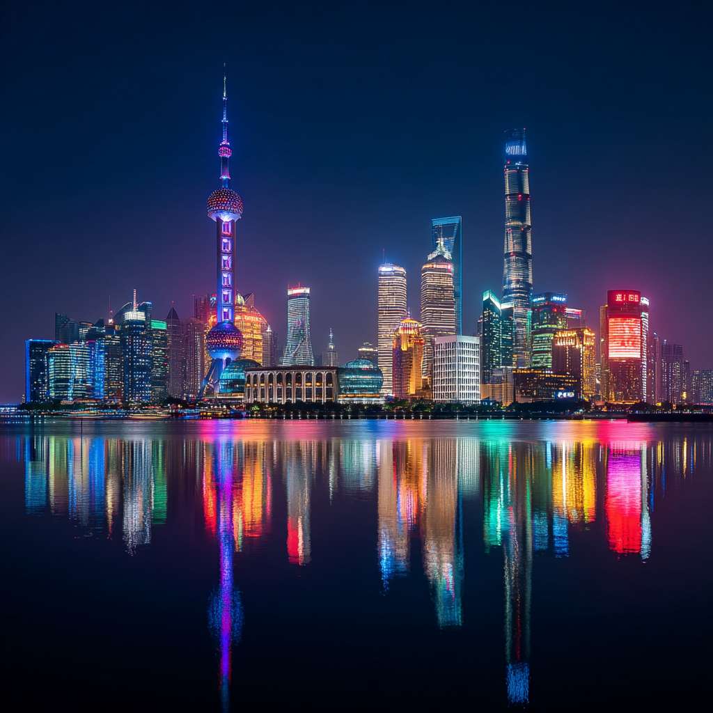 生成PPT背景图片一张，图片需要有上海陆家嘴的元素。要求背景简洁，色彩明亮。 --ar 1:1 --v 7 --stylize 100 --fast --no 水印