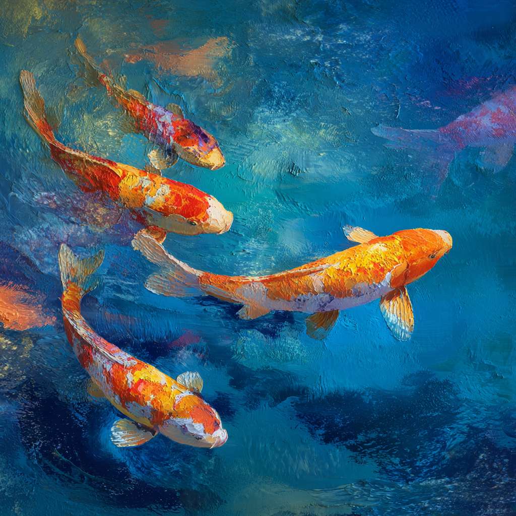 Vibrant underwater scene: blue water, 五彩光影，and dynamic koi, 粗笔触 for texture, 细笔触 for agility, abstract. --ar 1:1 --v 7 --stylize 100 --fast --no 水印