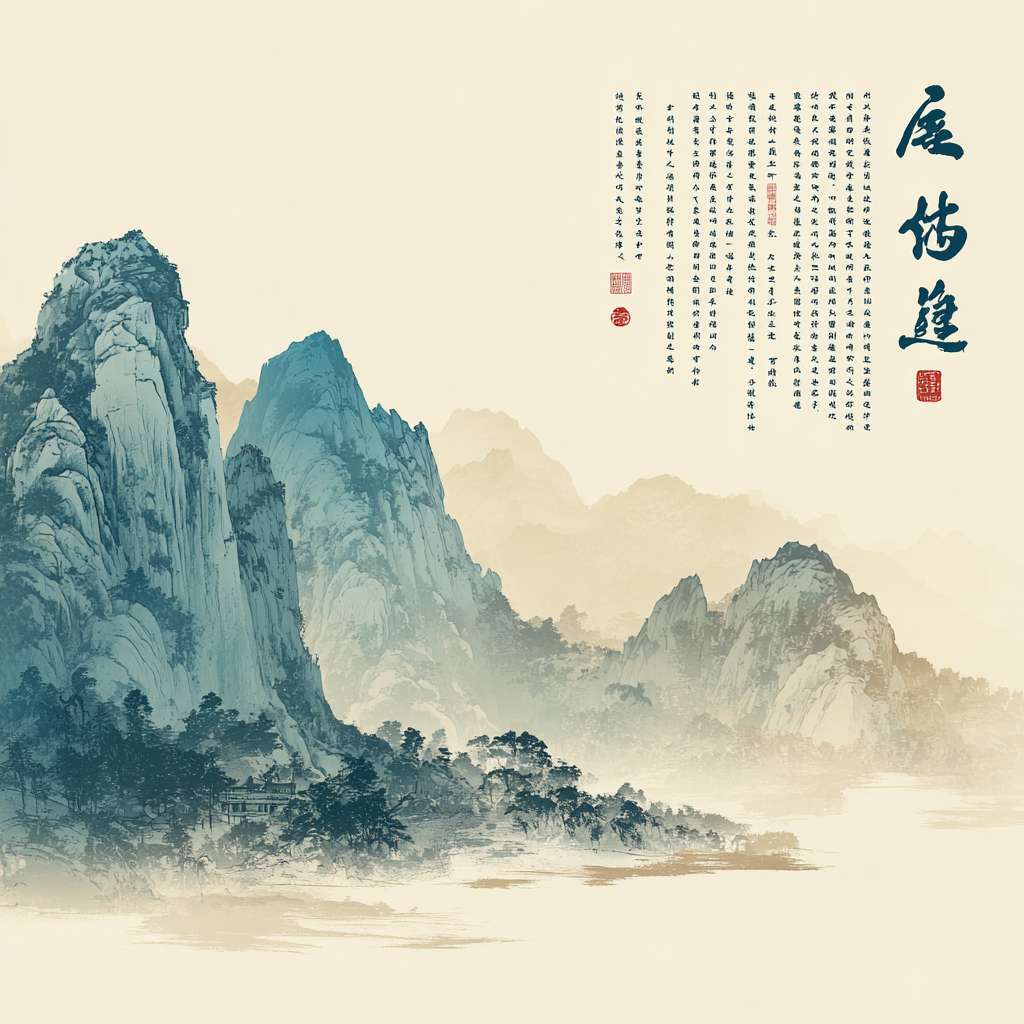 "Landscape orientation, soft ink-wash mountains on left side, right side empty with vertical Chinese text '正念冥想 | 太极养气 | 食疗调理 | 身心归位' in calligraphy, light gray Ba Duan Jin silhouette at bottom, cyan and beige color scheme, Zen aesthetic, 1200x600 pixels" --ar 1:1 --v 7 --stylize 100 --fast --no 水印