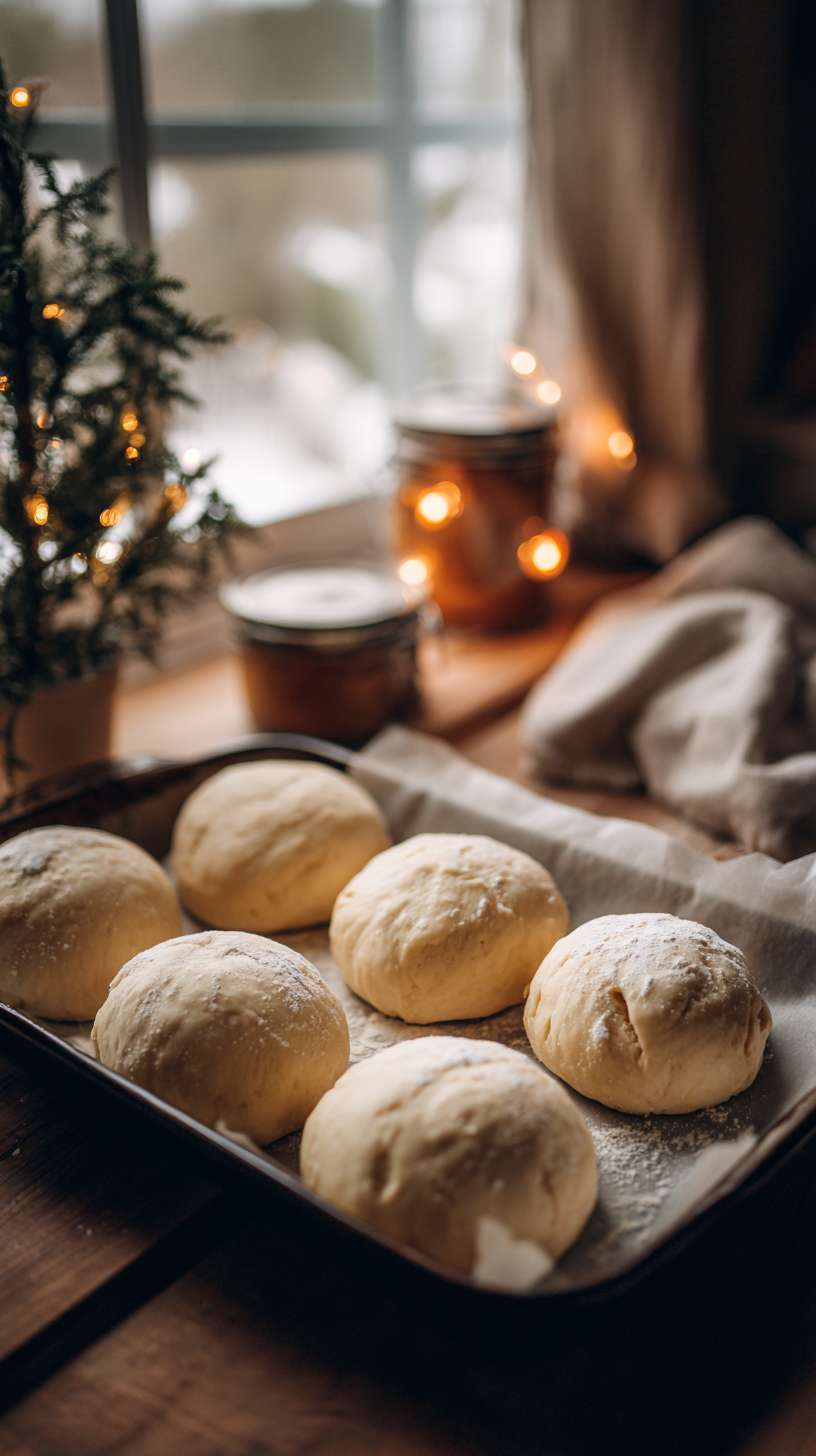 3厨房台面，白色陶瓷烤盘，上面摆着 6 个姜饼人面团，旁边有肉桂粉罐子，窗外能看到圣诞树一角，暖光特写 --ar 9:16 --v 7 --stylize 100 --fast --no 水印
