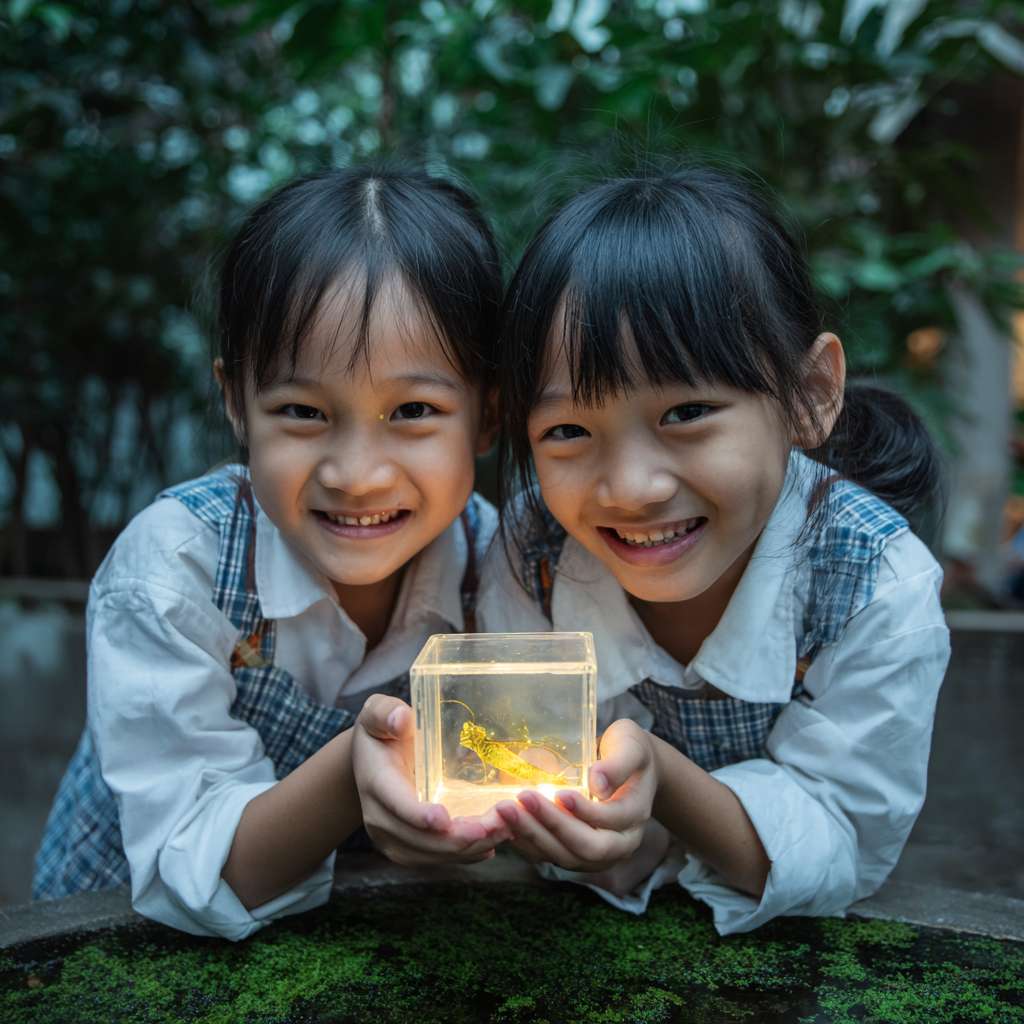 有2位穿著校服的華人小學生開心的表情雙手托起一個螢火蟲的正方體透明小盒子，盒子內的螢火蟲在青苔上發光 --ar 1:1 --v 7 --stylize 100 --fast --no 水印