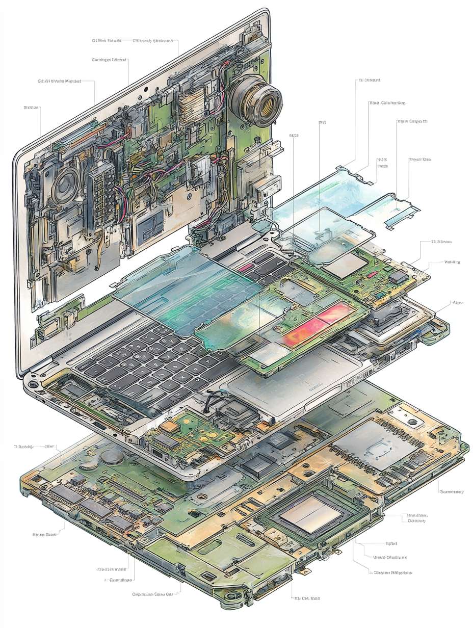 Ultra-detailed technical cutaway blueprint illustration of a high-performance laptop, dynamic wide-angle low-shot perspective. Main subject: a disassembled flagship ultrabook (ThinkPad X1 Carbon or MacBook Pro style), rendered in a realistic hand-drawn watercolor and technical ink style, isolated on a clean white background. The composition is an architectural exploded-view, with every component meticulously separated and floating in place, connected by precise thin leader lines.
Key Components in Detail:
Unibody Chassis: CNC-machined from aerospace-grade magnesium alloy, rendered in deep space gray with watercolor texture, showing nano-molded antenna lines.
Display Assembly: Multi-layer explosion: Corning Gorilla Glass DX cover, Mini-LED backlight layer with local dimming zones (zoomed detail), quantum dot enhancement film, 14.5-inch OLED panel with precise RGB diamond pixel arrangement, and ultra-thin metal backplate.
Main Logic Board: 8-layer high-density PCB in forest green with intricate circuit traces.
CPU: Flagship processor (Intel Core Ultra 9 / Apple M3 Max) with liquid metal thermal interface material.
GPU: Dedicated GPU chip (NVIDIA RTX 5000).
Power & Connectivity:
Multi-cell Li-Polymer Battery: Showing its long, multi-cell layout, labeled "<80Wh", highlighted in energy green.
Thunderbolt 4 / USB4 Ports: Showing the dense 24-pin internal connectors.
Composition & Style: Framed by a technical blueprint border with component callouts, material notes (e.g., Aluminium 6061, FR-4), and tolerances. Clean directional arrows and leader lines point to each component. Top-right corner features a hand-drawn color palette swatch: Deep Space Gray, PCB Green, Cooling Copper, Energy Green, Hydraulic Red, Silicon White. --ar 3:4 --v 7 --quality 2 --stylize 100 --fast --no blur,cartoon,abstract,messy