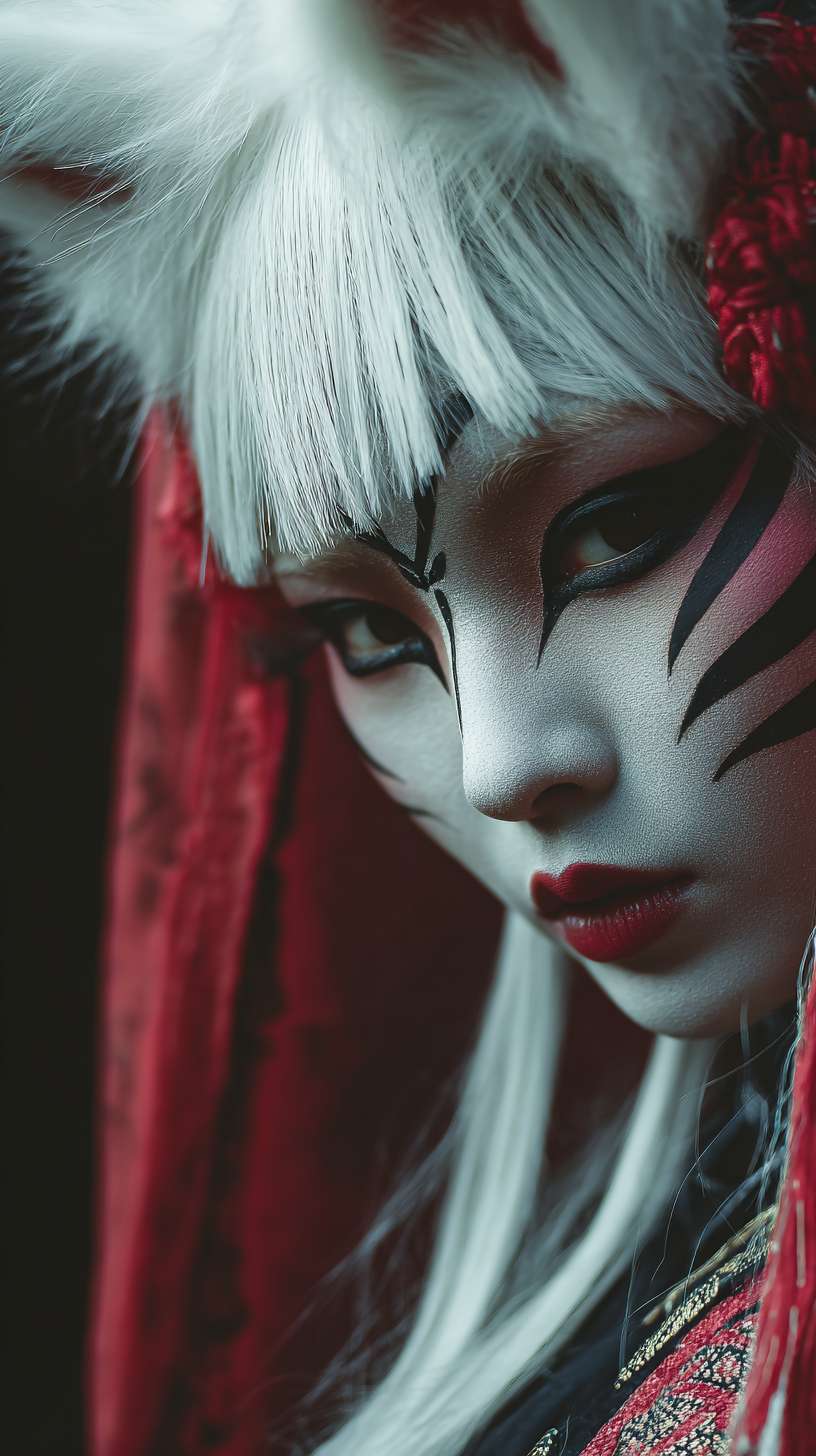 Close-up portrait of a dark nine-tailed fox spirit in human form, East Asian beauty with deathly pale skin, sharp black eyeliner extending like --ar 9:16 --v 7 --stylize 100 --fast