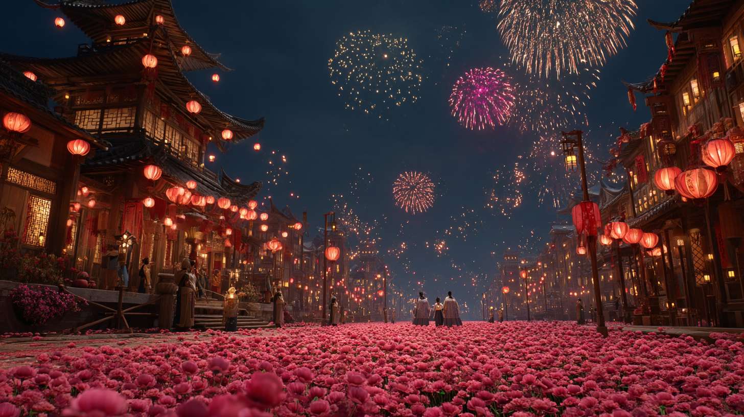 Unreal Engine 5 rendering, in this awe-inspiring scene of the ancient Luoyang Flower Festival, the composition centers on a vast sea of blooming peonies, surrounded by ancient-style pavilions, buildings, and winding corridors adorned with countless red lanterns, while the night sky is continuously lit up by colorful fireworks, the foreground features a celebrating crowd dressed in elegant Hanfu singing and dancing, the middle ground includes traditional Chinese architecture such as eaves-cornered pavilions, and the background blends deep blue starry skies with brilliant fireworks, in terms of color, vibrant reds, golds, and greens dominate, symbolizing luck and wealth, with the pink and white of the flowers sharply contrasting with the warm yellow of the lanterns, and the multicolored lights of the fireworks adding dynamic color variations, the lighting effects are exquisitely detailed, the soft glow from the lanterns casts warm shadows on people's faces and the ground, while the explosive flashes of fireworks create dazzling halos, contrasting with the cool moonlight to enhance the image's depth and dynamism, the entire scene is bustling and lively, with lanterns swaying gloriously, fireworks sparkling brilliantly, and the crowd cheering incessantly, as if transporting the viewer into a dreamlike ancient prosperous era filled with the charm of Chinese elements. --ar 16:9 --v 7 --c 20 --quality 4 --stylize 100 --fast