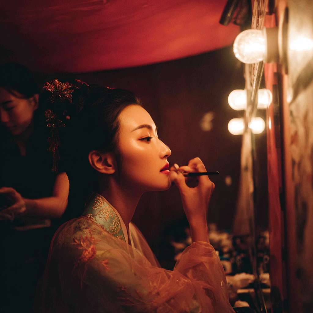 女演员在后台化妆，有化妆师在帮她补粉，她看着一面专业的灯光化妆镜，还有造型师帮她在弄头发，灯光比较暗，画面是一个暖色调 --ar 1:1 --v 7 --stylize 100 --fast --no 水印