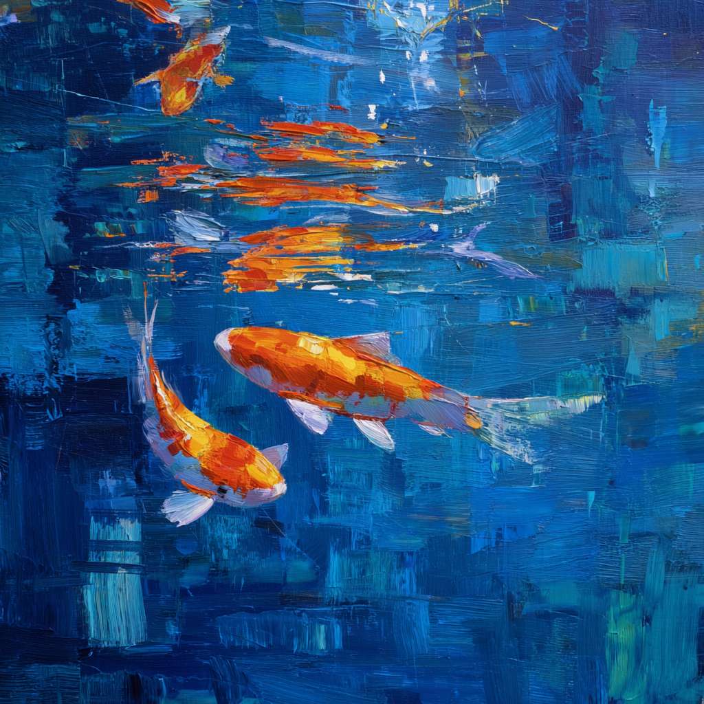 Surreal blue aquarium with koi and refracted light, bold strokes for water, delicate strokes for fish, abstract energy. --ar 1:1 --v 7 --stylize 100 --fast