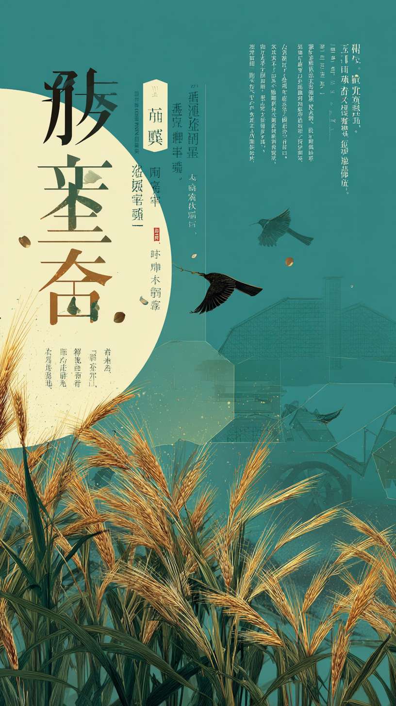 海报主题：一张芒种的海报
标题： “忙有所得，种有所获”苍劲有力的书法体
视觉主体： 六边形蜂窝结构组成麦田俯视图，几何线条勾勒的收割机与雨燕穿插其中。中心镂空圆形窗格内展示青梅特写，背景渐变青黄双色碰撞，标语“忙有所得，种有所获”采用无衬线字体错落排版。
风格：现代几何风
核心元素： 低多边形麦穗阵列, 机械感农具线条, 透明质感雨滴, 酸性设计青梅图形
动态建议：可添加麦浪微动效（线上版）
配色方案：琥珀黄， 釉蓝 --ar 9:16 --v 7 --stylize 100 --fast --no 水印