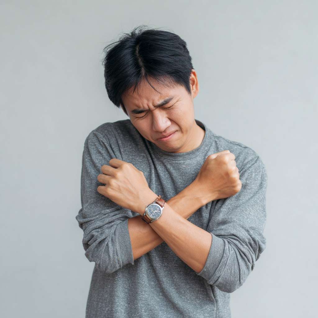 A picture of an Asian person  slapping their cubital fossa --ar 1:1 --v 7 --stylize 100 --fast