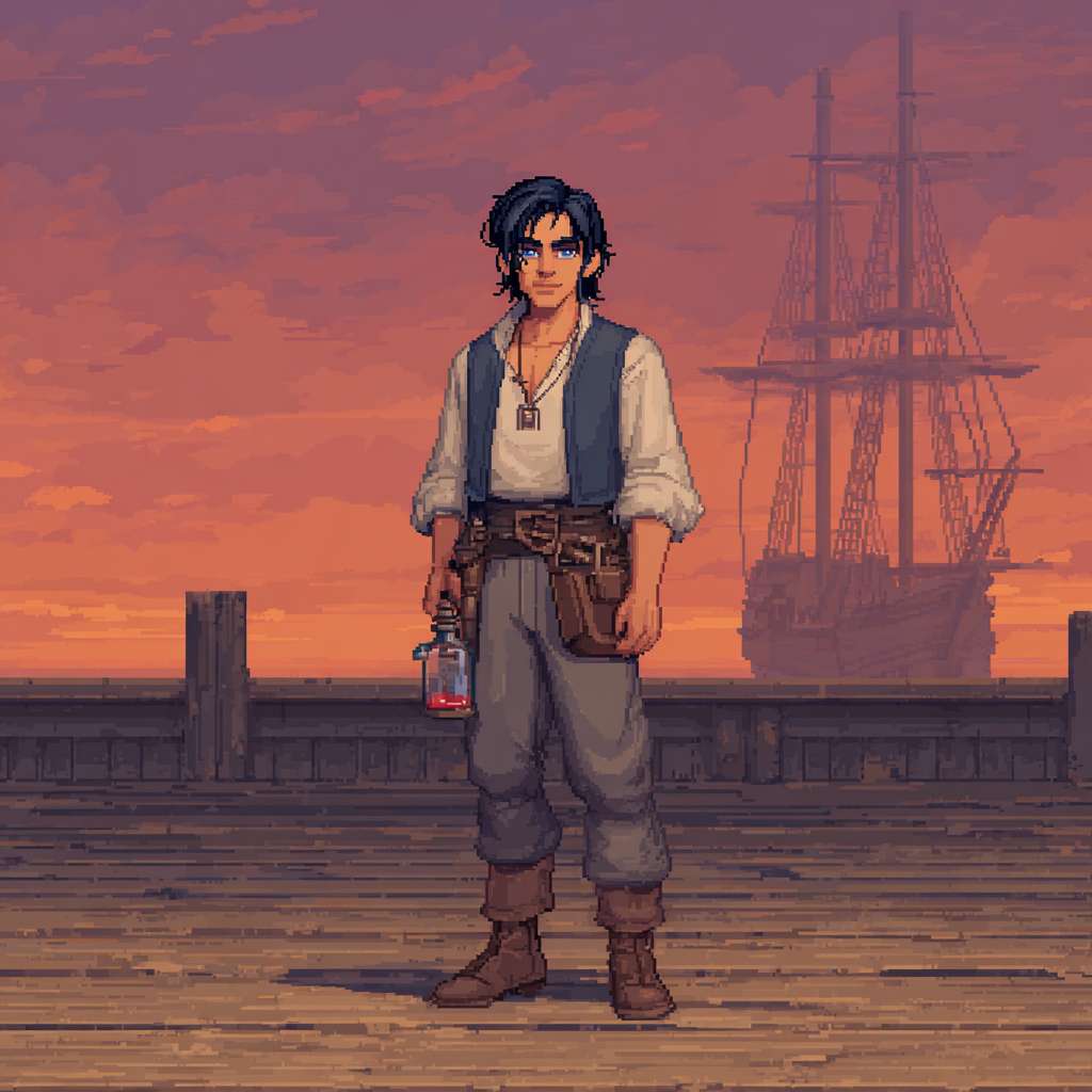 A young half-elven sailor named Baya standing on a wooden dock at sunset, slightly pointed ears, deep-blue eyes, shoulder-length black hair with sun-bleached brown tips, bronzed skin, lean muscular build. He wears a worn white linen shirt with sleeves rolled up, a patched dark-blue vest, gray roughcloth pants tucked into brown leather boots. On his waist, a dark leather belt holds a small red potion bottle and a rustic brown flask. A short sword in a simple wooden scabbard hangs at his side. His expression is a mix of guarded suspicion and hidden longing. Behind him, a silhouette of a sailing ship under a pink-orange sky. Style: pixel art character portrait, 32x32 or 64x64 sprite, limited color palette, clear outlines, detailed shading, nostalgic retro video game aesthetic --ar 1:1 --v 7 --stylize 100 --fast