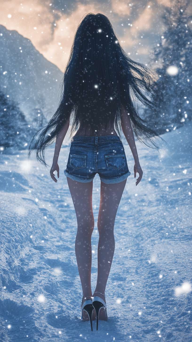 1个女孩，长发，黑发，牛仔短裤，长腿，高跟靴，冬天，雪，雪地，雪山，光线 --ar 9:16 --v 6.1 --stylize 100 --fast --no 水印,水印,水印,水印