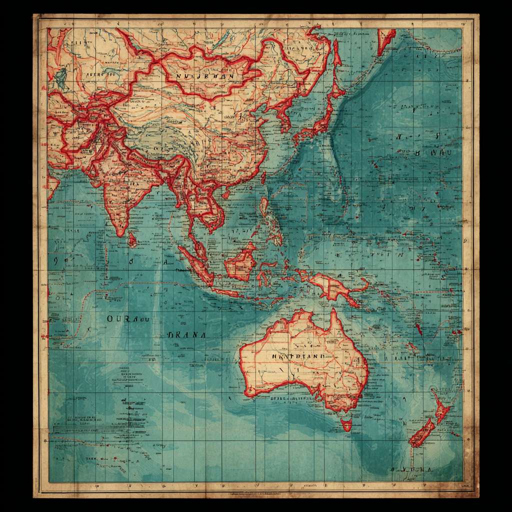 一幅专业地缘政治地图，维多利亚时期地图集风格，1948年。新明帝国领土用深红色标出：包括马来半岛、苏门答腊、爪哇、婆罗洲、苏拉威西及整个印度尼西亚群岛、澳大利亚、新西兰。其托管领土用浅红色标出：包括巴布亚新几内亚、所罗门群岛、瓦努阿图、斐济、萨摩亚。马六甲海峡和巽他海峡被突出显示。边界清晰，与蓝色海洋形成鲜明对比。 --ar 1:1 --v 7 --stylize 100 --fast --no 水印