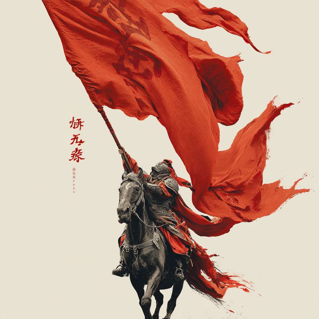 Q版，赵云骑在马上，高举超大的旗帜，旗子上写着吉星高照，旗帜迎风招展，背景单一白色，马披红挂彩，行走中， --ar 1:1 --v 7 --stylize 100 --fast --no 水印
