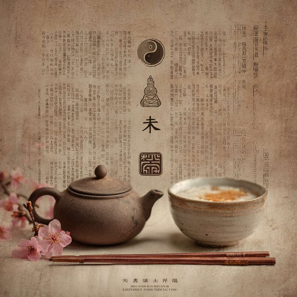 "Horizontal layout, faded ancient book texture as background, centered row of objects: teapot, ink brush, Tai Chi symbol, bowl of porridge, soft brown and pink tones, Chinese lifestyle, text '以古法,养今身' at bottom, 1200x600 pixels" --ar 1:1 --v 7 --stylize 100 --fast --no 水印