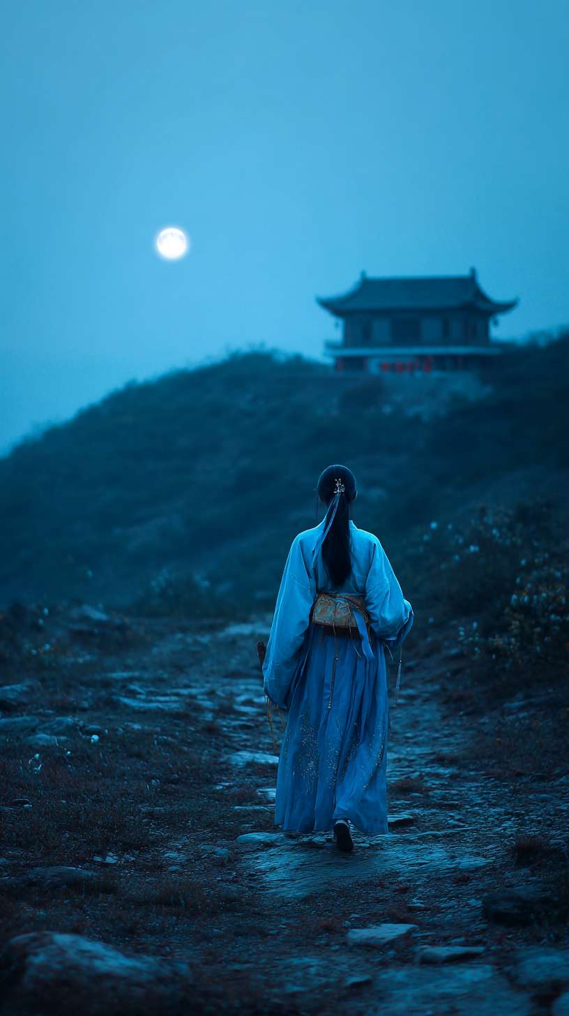 在深山里面，月光照亮着地面，一个身着靛蓝色书生服的英俊男子，背着书箱，外面下着雨比较阴暗，前面有点远的地方是一座破败的寺庙矗立在荒山野岭中，背面远景镜头，写诗一些的风格 --ar 9:16 --v 7 --stylize 100 --fast --no 水印