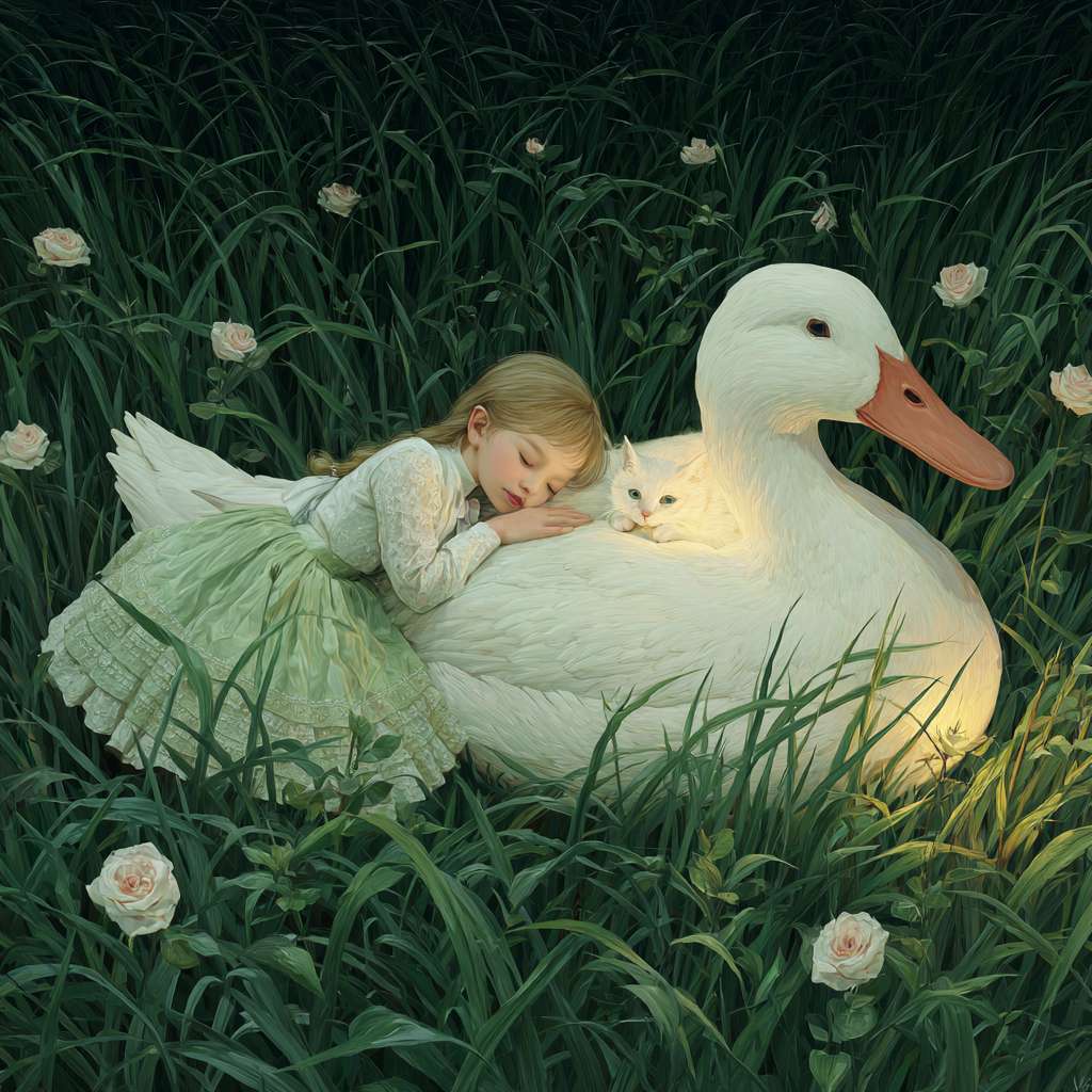 hsiao - ron cheng,in the style of rococo pastel colors,At night,in a vast green grassland, the wind blows through the grass and the grass is rolling like waves. A girl is lying on a very very huge duck. A super huge white cute duck, there is a warm lamp next to the girl and the cat, which illuminates the girl and the duck, mysterious imagination, beauty, in a wilderness grassland, the wind blows down the grass, there are blooming roses in the grass, the contrast between light and dark is strong, the mood is Happy and relaxing, exquisite details, macro lens, large panorama --ar 1:1 --v 7 --stylize 100 --fast