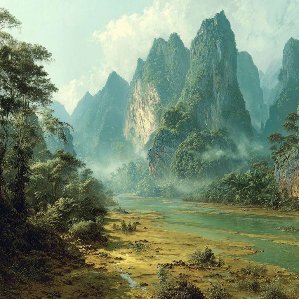 1. **时间与季节:** 画面呈现的是13万年前末次间冰期(Ipswichian Period)的岭南,一个温暖湿润的夏季清晨。空气中弥漫着水汽,远处山间有薄雾。
2. **地形地貌:**
* **远景:** 陡峭的喀斯特峰林地貌是主体,石灰岩山体被茂密的绿色植被覆盖,山形奇秀,类似今天的桂林阳朔,但更显原始、荒野。
* **中景:** 一条宽阔、水流湍急的大河(古西江或古北江)穿过山谷。河床较浅,露出部分沙洲和砾石滩,河水因富含泥沙而呈黄绿色。
* **近景:** 河岸是泥泞的滩涂,上面有各种动物的脚印。画面一侧是茂密的森林边缘,巨大的蕨类植物、藤蔓和树木根系盘根错节。
3. **植被生态:**
* 茂密的亚热带原始森林,树木种类繁多:高大的樟科植物、木兰科植物、常绿栎树以及一些原始的松柏类。
* 林下空间长满了巨大的蕨类植物(如桫椤)和多种灌木。
* 河岸两侧植被尤其茂盛。
4. **动物群落(核心亮点):**
* 河中央,一头巨大的**剑齿象(Stegodon)** 正在用长鼻吸水,它有一对长长且略微弯曲的象牙,体型比现代亚洲象更大。
* 河岸边,几只**中国貘(Tapirus sinensis)** 在泥地里觅食打滚,它们体型比现代貘更大。
* 远处的林间空地上,隐约可见一群**云南黑鹿(Rusa yunnanensis)** 在警觉地张望。
* 天空中有各种古老的鸟类飞过。
5. **气候与光线:**
* 天气温暖潮湿,阳光穿过晨雾形成丁达尔效应(耶稣光),照亮了河面和水汽。
* 整体色调是充满生机的绿色、泥土的褐色和水流的蓝绿色,色彩饱和度高,充满生命力。 --ar 1:1 --v 7 --stylize 100 --fast --no 水印