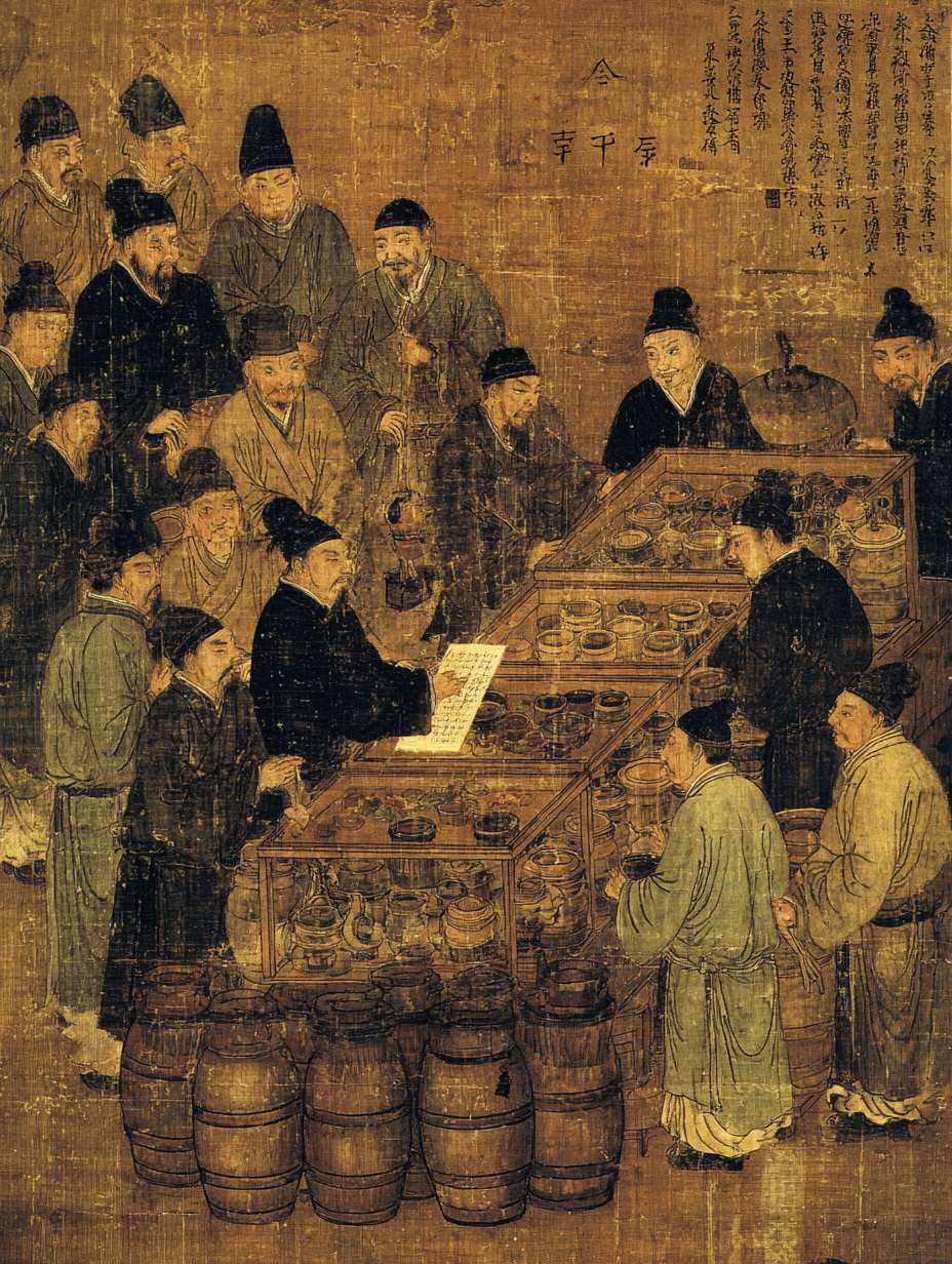 宋代官员向垄断商户征收重税场景，多家相同类型的店铺排列，官员手持法令文书，商户表情无奈，市集背景，暗黄色调，中国古风 --ar 3:4 --v 7 --stylize 100 --fast --no 水印