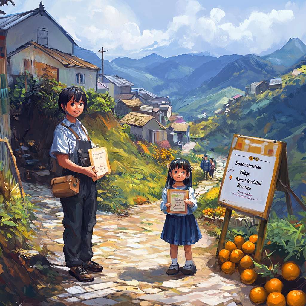 场景：小山村焕然一新。
角色：
农民站在自家新建的二层小楼前，脸上洋溢着幸福的笑容。
小女孩穿着整洁的校服，手里拿着奖状，站在农民身边。
远处可以看到一些游客在参观当地的特色农产品。
细节：
新建的小楼旁边有一个电商直播的场景，农民正在通过网络销售农产品。
山坡上果实累累，公路两旁有路灯。
村口有一块牌子，上面写着“乡村振兴示范村”。
色彩：明亮且鲜艳，突出富裕和幸福的氛围。 --ar 1:1 --v 6.1 --stylize 100 --fast