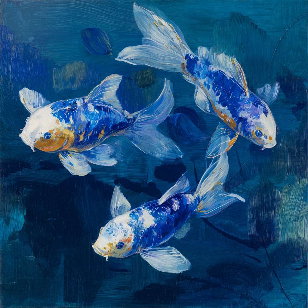 Dreamy depths in indigo blue, iridescent light and agile koi, expressive strokes for vitality, abstract. --ar 1:1 --v 7 --stylize 100 --fast
