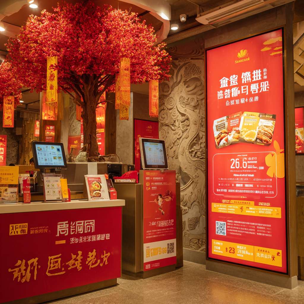 **主体场景**:
“中式餐饮店入口全景,中央立有3米高‘许愿中国树’艺术装置(红色灯笼组成树冠,金色许愿牌悬挂枝头),左侧家庭顾客正在树下挂许愿牌,右侧服务员手持‘国庆套餐’导视牌指向餐车区,背景有长城纹样装饰墙,暖黄色灯光氛围。”
**物料细节**:
- 悬挂海报:“屋顶交错悬挂420x297mm海报(红底金字,主视觉为腾飞+‘满200减50’文案)”
- 立式展架:“入口处1.8米高展架,顶部展示‘国庆限定套餐’(烤鸭特写图+298元价格),底部二维码发光”
- 元素:“收银台电子屏动态显示烟花特效优惠券(华表造型按钮点击领取)”
- 小型道具:“餐桌放置麦穗琉璃花瓶,插迷你国旗,搭配‘中国红蛋糕特价88元’桌卡”
**风格参数**:
“写实照片风格,超清,光影层次丰富(主光聚焦许愿树,背景柔焦),色彩方案:中国红(#DE2910)+鎏金(#FFD700)+月白(#F0F8FF),广角镜头透视增强空间感” --ar 1:1 --v 7 --stylize 100 --fast --no 水印