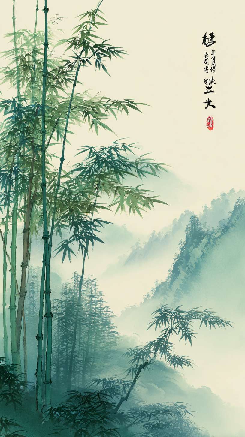 竹林
构图:竖版纵深,前景 3-5 根竹子(完整竹干 + 竹叶),中景竹林密集(简化细节),背景薄雾笼罩核心元素:- 竹干:浓墨垂直线条(底部稍粗、顶部渐细)- 竹叶:“个” 字形淡墨点画(分组排列)- 薄雾:大面积淡墨留白(覆盖中远景)
主色调:青绿色(R120-140, G160-180, B130-150)辅助色:- 竹干阴影:深绿色(R100-120, G140-160, B110-130)- 薄雾:灰白色(R220-230, G220-230, B220-230)统一适配:青绿色饱和度≤40%,与客栈暖色调形成对比但明度统一
1. 竹叶点画笔触与新手村树叶笔触一致2. 薄雾晕染范围与山间小路的云海晕染范围比例一致(占画面 1/4)3. 竹干线条硬度与武馆兵器架线条硬度匹配 --ar 9:16 --v 7 --stylize 100 --fast --no 水印