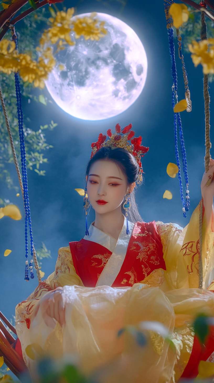 视频展示了一位优雅的女子身着红黄交织的唐朝贵妃服装，坐在精致的秋千上悠然荡漾。要求从头到脚全身照。她头戴红色凤冠，配以蓝色系的耳环与项链，更显其端庄秀丽。背景中的满月明亮夺目，四周簇拥着黄花绿叶，营造出一幅如诗如画的景色。秋千的绳索上挂着蓝色珠串与小铃铛，随着女子的摆动轻轻作响，增添了几分灵动与趣味。整个画面如同一幅生动的画卷，让人仿佛置身于古风雅韵之中。 --ar 9:16 --v 6.1 --stylize 100 --fast