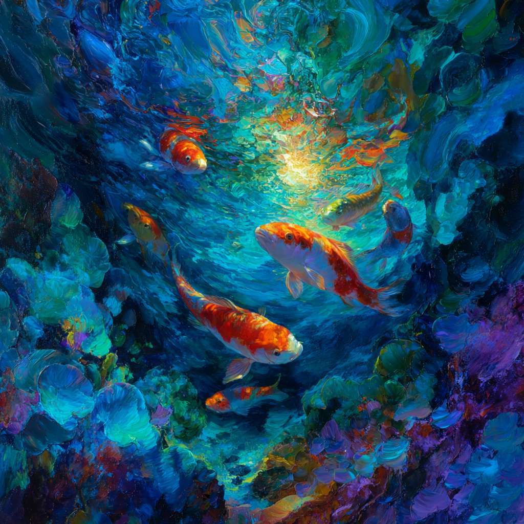 Vibrant underwater fantasy: deep blue sea interlaced with colorful light, koi in dynamic poses, 粗笔触 for water, 细笔触 for iridescence, abstract oil. --ar 1:1 --v 7 --stylize 100 --fast --no 水印