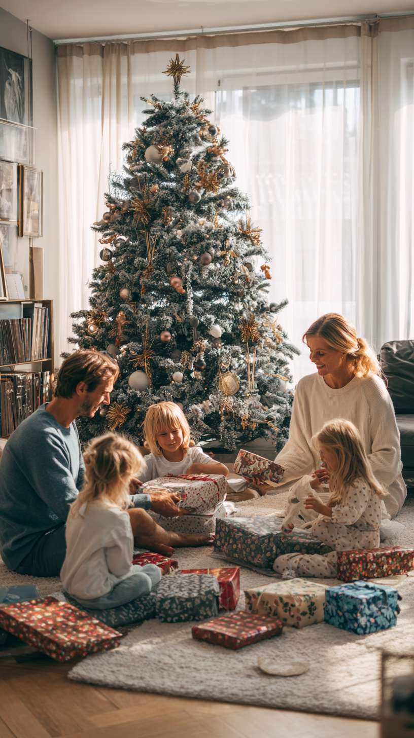 5圣诞树亮灯，地毯上堆着彩色礼物盒，爸爸递礼物给孩子，妈妈举着相机拍照，镜头环绕拍摄，温馨氛围欧美家庭 --ar 9:16 --v 7 --stylize 100 --fast --no 水印