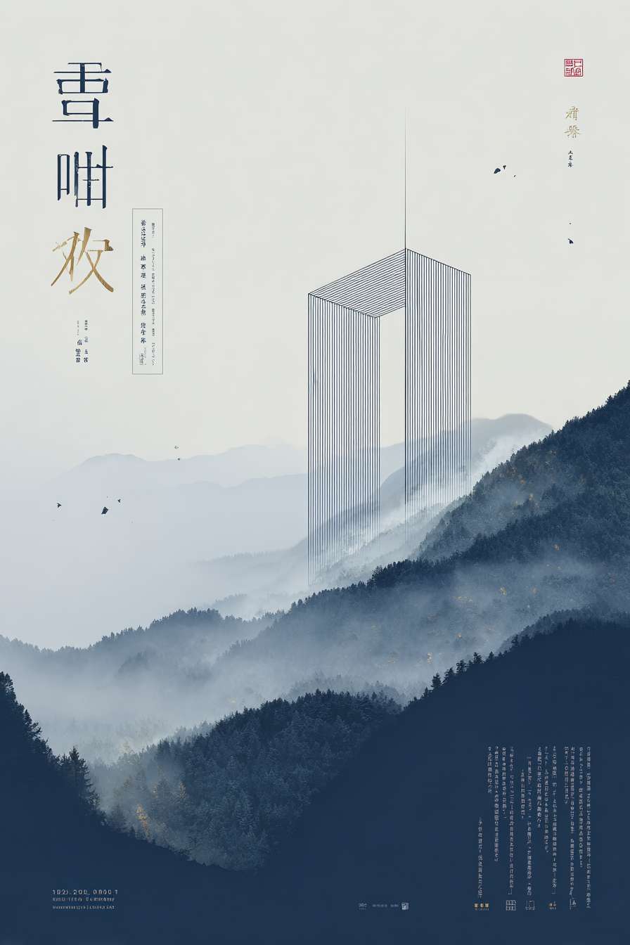 A sophisticated and serene poster design for "End of Heat" solar term. A backdrop of misty, ink-wash mountains, overlapped with precise, fine-line pen drawing of a modern architectural silhouette in light gray. Minimalist style. Typography in Chinese characters "处暑" and "暑气渐止,秋意筑新". Color palette: deep navy blue, off-white, black ink, a touch of gold for accent. --ar 2:3 --v 7 --style raw --stylize 100 --fast --no 水印