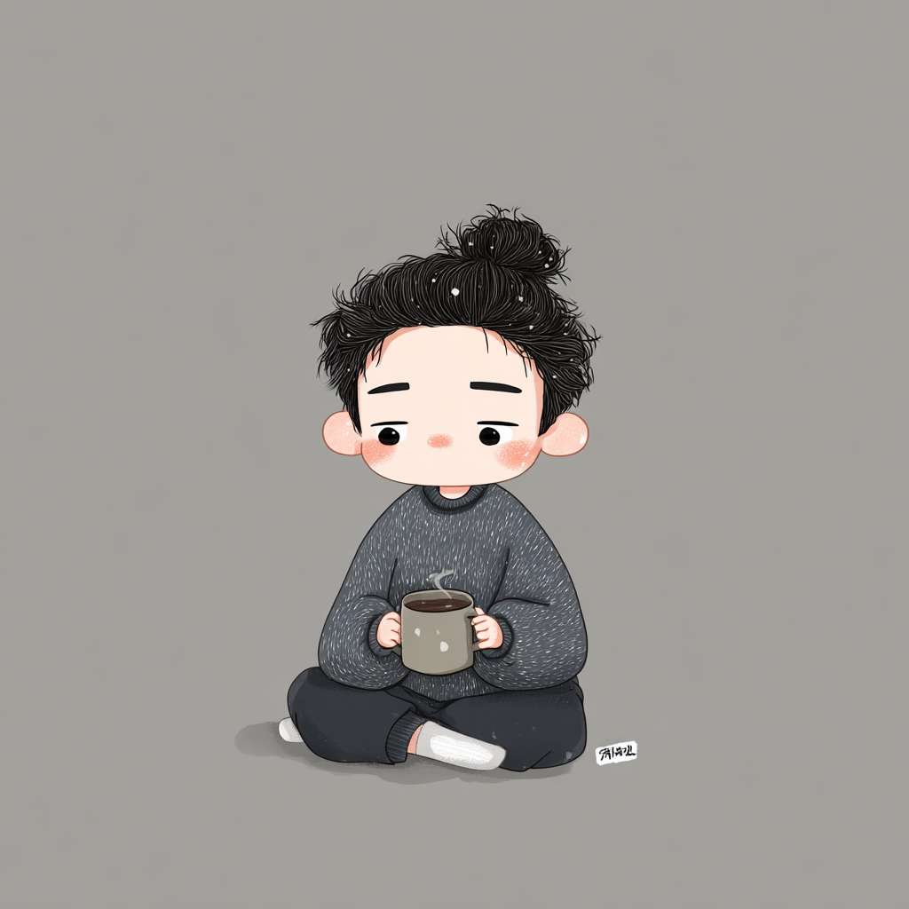 治愈系Q版插画，大头小身体上半身的男生，蓬松羊毛卷，穿着宽松的灰色圆领卫衣，睡眼惺忪地拿着复古搪瓷杯喝水，纯灰色背景，扁平可爱风 图片超清 --ar 1:1 --v 7 --stylize 100 --fast --no 水印