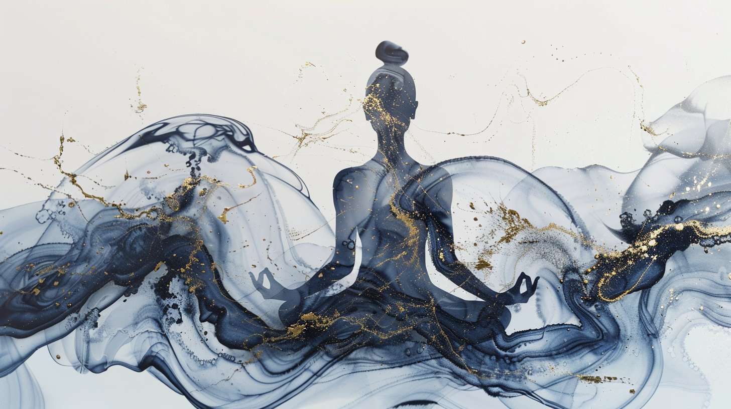 Abstract representation of mindfulness, flowing ink brush strokes forming a meditating figure, blending with nature elements, soft gradients of indigo and gold, symbolic of presence and awareness, wabi-sabi aesthetic with imperfect beauty --ar 16:9 --v 6 --stylize 100 --fast