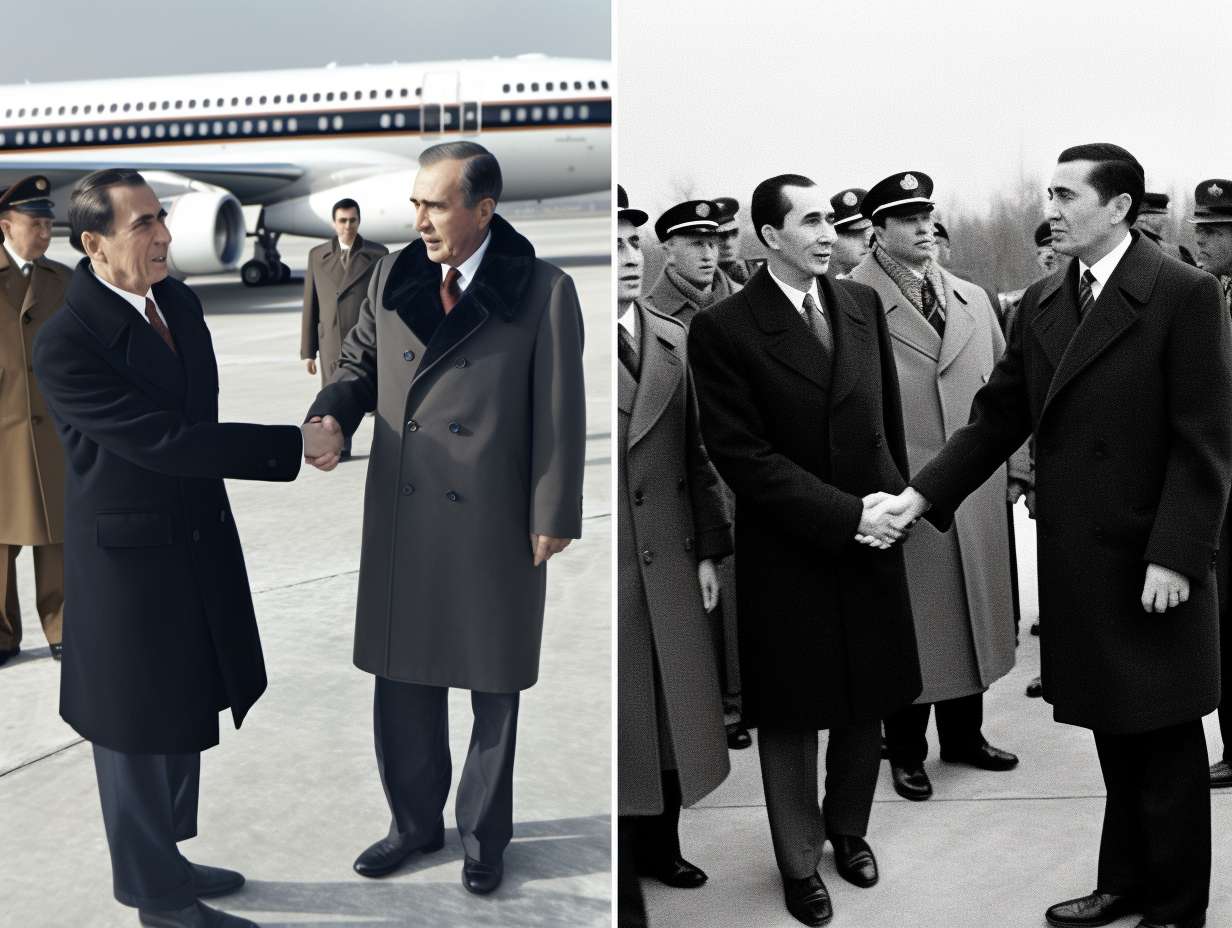 "1972 年尼克松与周恩来北京机场历史性握手黑白高清照片(左侧 60% 区域,人物清晰,保留历史质感),右侧 40% 红色篆章 ' 破冰 '(金石纹理,厚重字体),背景为淡灰色宣纸底纹 + 30% 透明度水墨长城剪影(墨色渐变),底部居中黑色毛笔书法主标题 ' 破冰:1972 尼克松访华 ',主标题下方灰色宋体副标题 ' 一张照片背后的外交风云 ',整体风格复古与现代结合,突出历史厚重感,图片比例 4:3,高清 8K,细节清晰"
补充参数 --ar 4:3 --v 5 --quality 2 --stylize 100 --fast