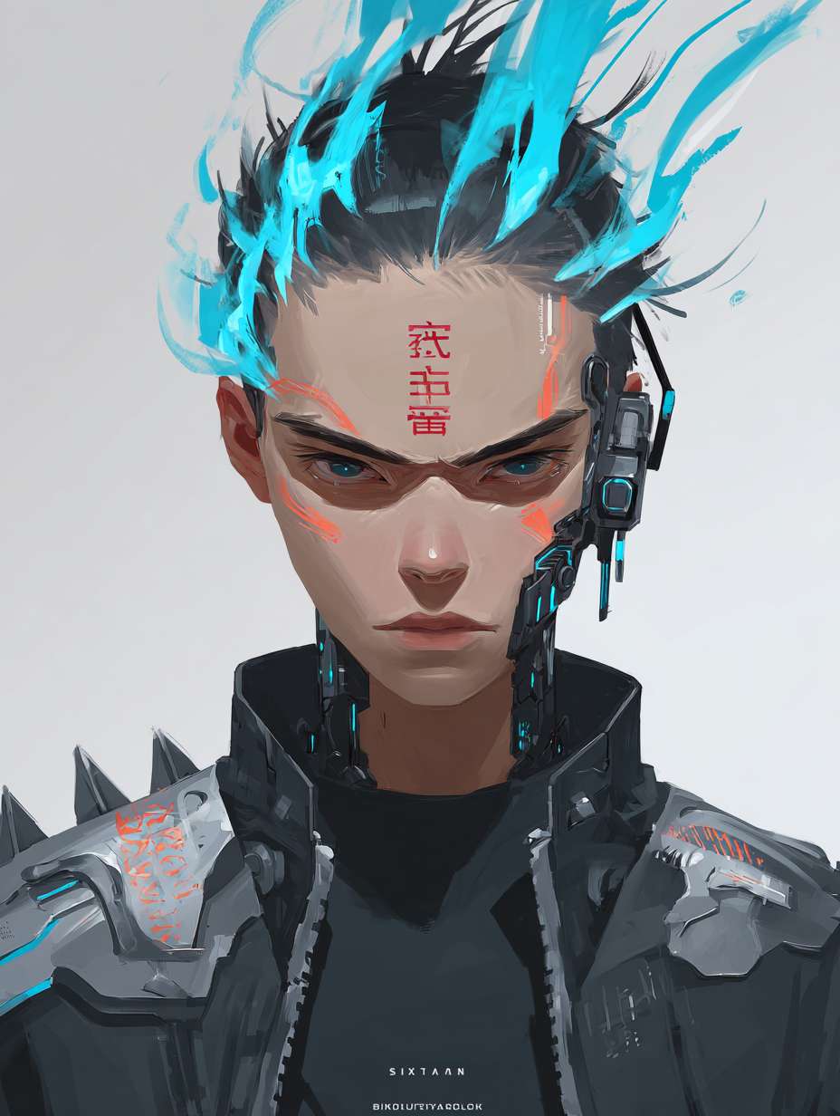 绘制一个男生的正面全身图要求如下头部设计：保留哪吒标志性的 “火焰感” 发型，黑色短发中挑染三缕明亮的蓝色火焰发丝，额前发丝微微上翘，模拟火焰飘动形态。左侧太阳穴处有一道银色机械接口，平时隐藏在发丝下，战斗时会弹出蓝色能量纹路，延伸至下颌。面部妆容简洁，仅在眼尾处用红色颜料绘制细小火焰图腾，眼神锐利，瞳孔在情绪激动时会泛出淡蓝色微光。
    上身设计：内搭黑色紧身速干衣，衣料上印有暗纹火焰图案。外覆银色分段式机械战甲，肩部装甲呈三角形，边缘有锯齿状设计（兼具防御与近战功能），装甲表面刻有红色古代符文（对应哪吒的 “混天绫” 元素。胸口是圆形能量核心，外层包裹透明合金罩，内部蓝色火焰状能量随呼吸起伏，核心下方印有 “云祥” 二字。双臂为可变形机械臂，，战斗时展开为银色机械结构，手掌心有凹槽，可凝聚火焰能量。
    下身设计：穿着黑色工装裤，裤腿侧边有拉链口袋，膝盖处装有黑色防撞护膝，护膝表面有蓝色电路纹路。腰部系着宽版黑色皮带，左侧挂着父亲遗留的摩托钥匙（金属材质，钥匙链是小型火焰吊坠），右侧挂着战术匕首（刀柄缠绕红色皮质绳，模拟混天绫质感）。脚部为黑色高帮机械战靴，靴底有防滑纹路，鞋跟处装有小型推进装置，靴筒外侧印有蓝色火焰标识。 --ar 3:4 --v 7 --stylize 100 --fast --no 水印