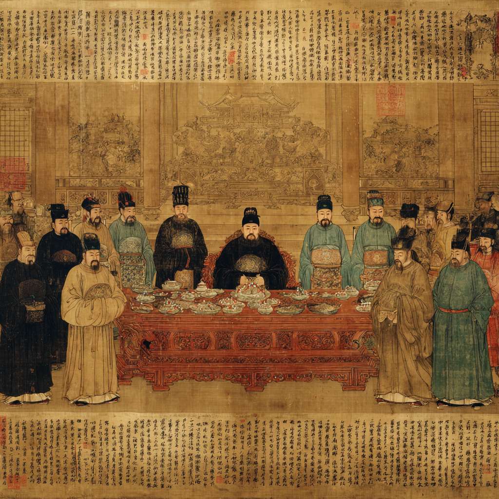 "中国水墨画风格，吴越王钱俶向宋太宗献图，宋代宫殿背景，工笔重彩，钱俶手捧舆图躬身而立，宋太宗端坐龙椅，周围大臣肃立，淡雅青绿设色，留白处题诗，古典印章，历史场景。" --ar 1:1 --v 7 --stylize 100 --fast --no 水印